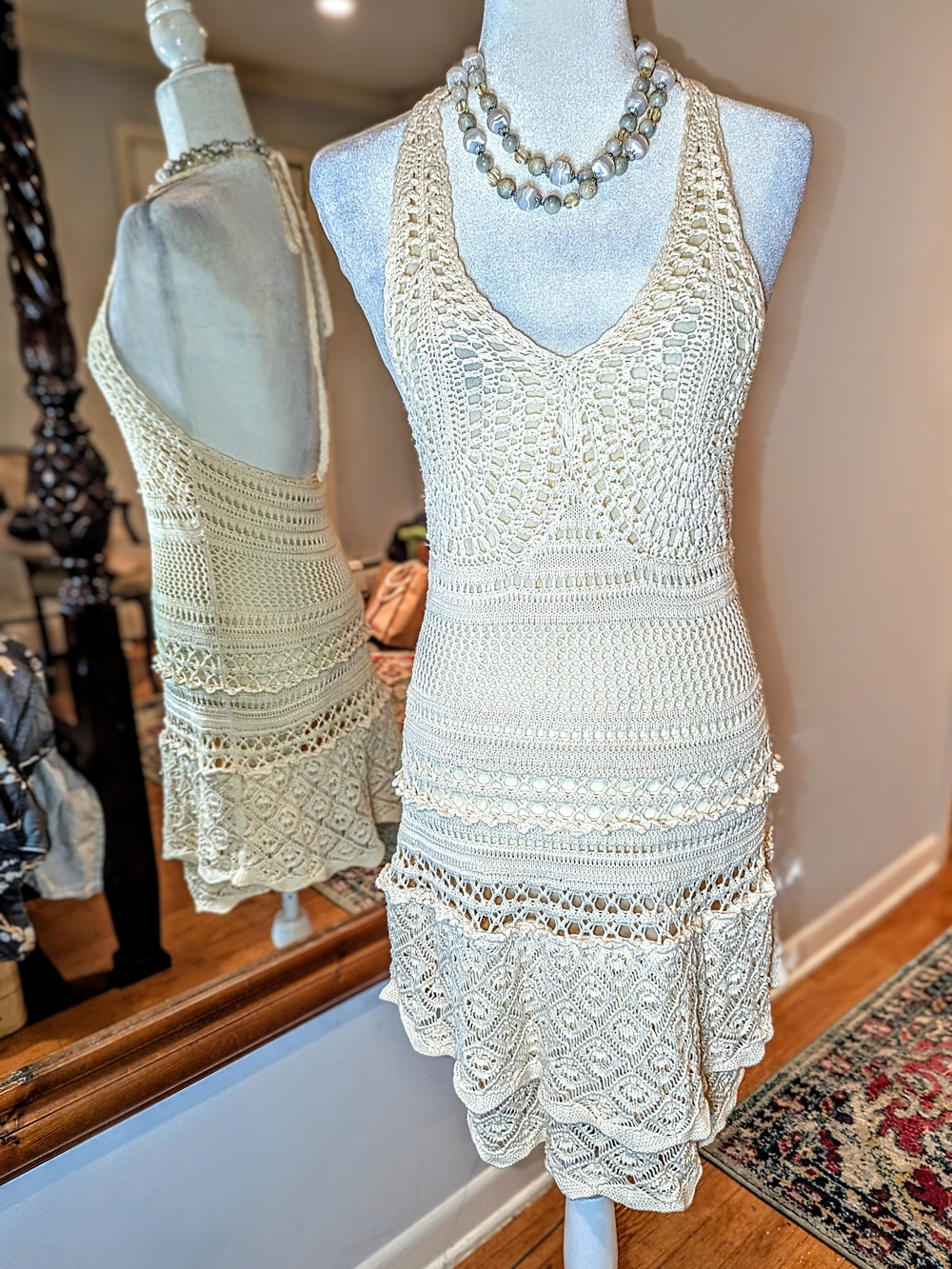 Backless Crochet Halter Dress - Cream